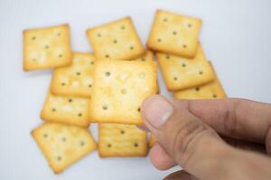 biscuits in hand isolated on white background. photo