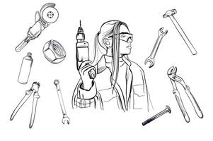 a set of black and white hand-drawn drawings of a girl with a handyman's drill surrounded by construction tools vector