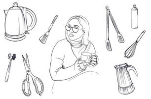 set of hand-drawn of a girl with a mug in her hands surrounded by objects for cooking vector