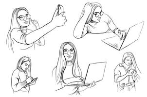 a set of hand-drawn drawings of a girl taking selfies, working on a laptop, writing in a notebook, writing in a smartphone vector