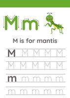 Tracing alphabet letters for kids. Insects alphabet. M is for mantis. vector