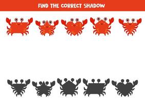 Find the correct shadows of cartoon geometrical crabs. Logical puzzle for kids. vector