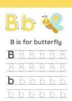 Tracing alphabet letters for kids. Insects alphabet. B is for butterfly. vector