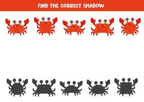 Find the correct shadows of cartoon geometrical crabs. Logical puzzle for kids. vector