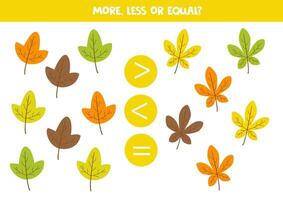 More, less, equal with cartoon colourful leaves. Colorful worksheet. vector