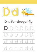 Tracing alphabet letters for kids. Insects alphabet. D is for dragonfly. vector
