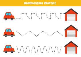 Tracing lines for kids. Cartoon red cars and garages. Handwriting practice for children. vector