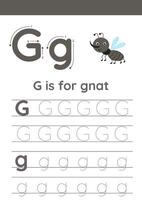 Tracing alphabet letters for kids. Insects alphabet. G is for gnat. vector