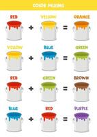 Color mixing scheme for kids. Primary and secondary colors. Paint cans. vector