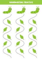 Tracing lines for kids. Cartoon cute caterpillars and green leaves. Handwriting practice for children. vector