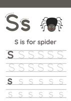 Tracing alphabet letters for kids. Insects alphabet. S is for spider. vector