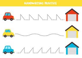 Tracing lines for kids. Cartoon colorful cars and garages. Handwriting practice for children. vector