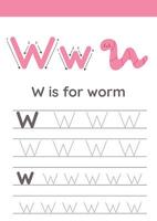 Tracing alphabet letters for kids. Insects alphabet. W is for worm. vector