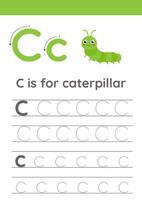 Tracing alphabet letters for kids. Insects alphabet. C is for caterpillar. vector