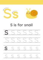 Tracing alphabet letters for kids. Insects alphabet. S is for snail. vector