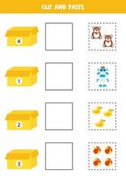 Cut and paste cartoon toys according to the numbers on boxes Math game for kids. vector