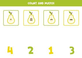 Counting game for kids. Count all pear seeds and match with numbers. Worksheet for children. vector