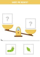 Light, heavy or equal. Educational worksheet with scales. Compare caterpillar and leaf. vector