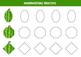 Tracing contours for kids. 2d shapes watermelons. Handwriting practice. vector