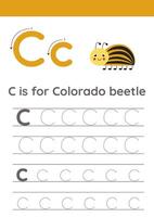 Tracing alphabet letters for kids. Insects alphabet. C is for Colorado beetle. vector