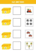 Cut and paste cartoon toys according to the numbers on boxes Math game for kids. vector