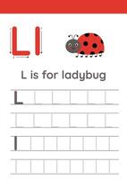Tracing alphabet letters for kids. Insects alphabet. L is for ladybug. vector