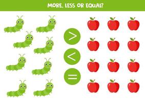 More, less, equal with cartoon caterpillars and red apples. Colorful worksheet. vector