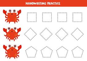 Tracing contours of red geometrical crabs. Writing practice. vector