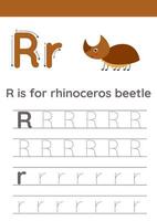 Tracing alphabet letters for kids. Insects alphabet. R is for rhinoceros beetle. vector