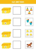 Cut and paste cartoon toys according to the numbers on boxes Math game for kids. vector