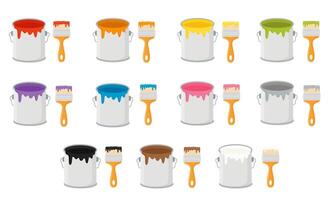 Set of colorful paint cans and paint brushes. vector