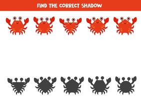 Find the correct shadows of cartoon geometrical crabs. Logical puzzle for kids. vector