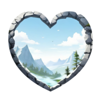 A heart shaped window with mountains and trees png