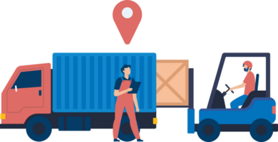 Forklift Operator Loading Boxes onto a Truck for Streamlined Cargo Transport and Efficient Warehouse Logistics Management. Modern Transportation. png