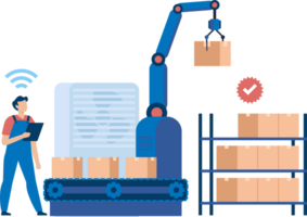 Warehouse Worker Operating Robotic Arm for Sorting Packages in Automated Shipping Process. Illustration png