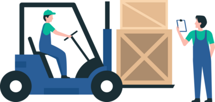 Warehouse Staff Moving Pallets and Organizing Boxes for Shipping. Operating Forklifts for Efficient Logistics. png