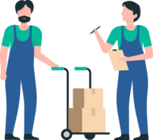 Efficient Warehouse Team Managing Stock and Handling Boxes. Employee Moving Boxes with Cart in a Logistics Warehouse. png