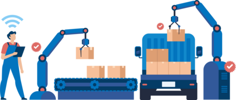 Automated Logistics Hub with Smart Inventory Management. Warehouse Crew Operating Packaging Machine for Efficient Product Handling and Distribution. Illustration png