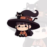 Chibi Witch with a Black Cat on Her Hat vector
