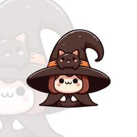 Chibi Witch with a Black Cat on Her Hat vector
