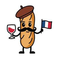 French baguette character with wine and flag illustration vector