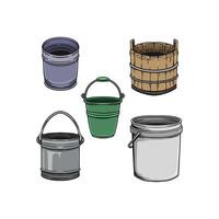 plastic and wooden buckets set with iron handles, empty buckets in illustration vector