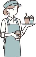 A woman in an apron holding a tray with coffee and a cup vector