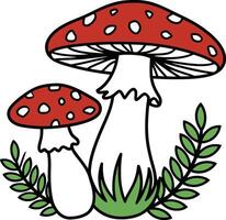Fairy Tale Mushrooms with Green Leaves and Grass Illustration vector
