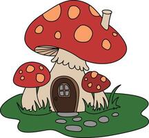 Magical Mushroom House with Stone Path and Green Grass Illustration vector
