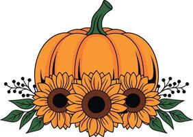 Orange Pumpkin with Sunflowers and Green Leaves Illustration vector