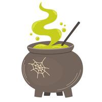 Halloween cauldron. Witch's cauldron with green brew and cobwebs. Flat cartoon icon. Isolated flat illustration vector