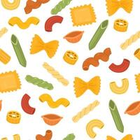 Seamless pattern with different types of pasta. Noodles of various shapes, spaghetti with spinach, lentils and chickpeas. Traditional Italian cuisine, spicy homemade products. Flat illustration vector