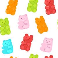 Gummy jelly bears, seamless pattern. Cute gum candies, sweet snacks, chewy confectionery, endless background, texture. Repeating print for wrapping, fabric design. Colored flat illustration vector