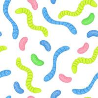 Seamless pattern, gummy worms, jelly candies. Sweet chewy confectionery, gum treats, snacks, repeating print. Endless background design for wrapping, fabric, textile. Colored flat illustration vector